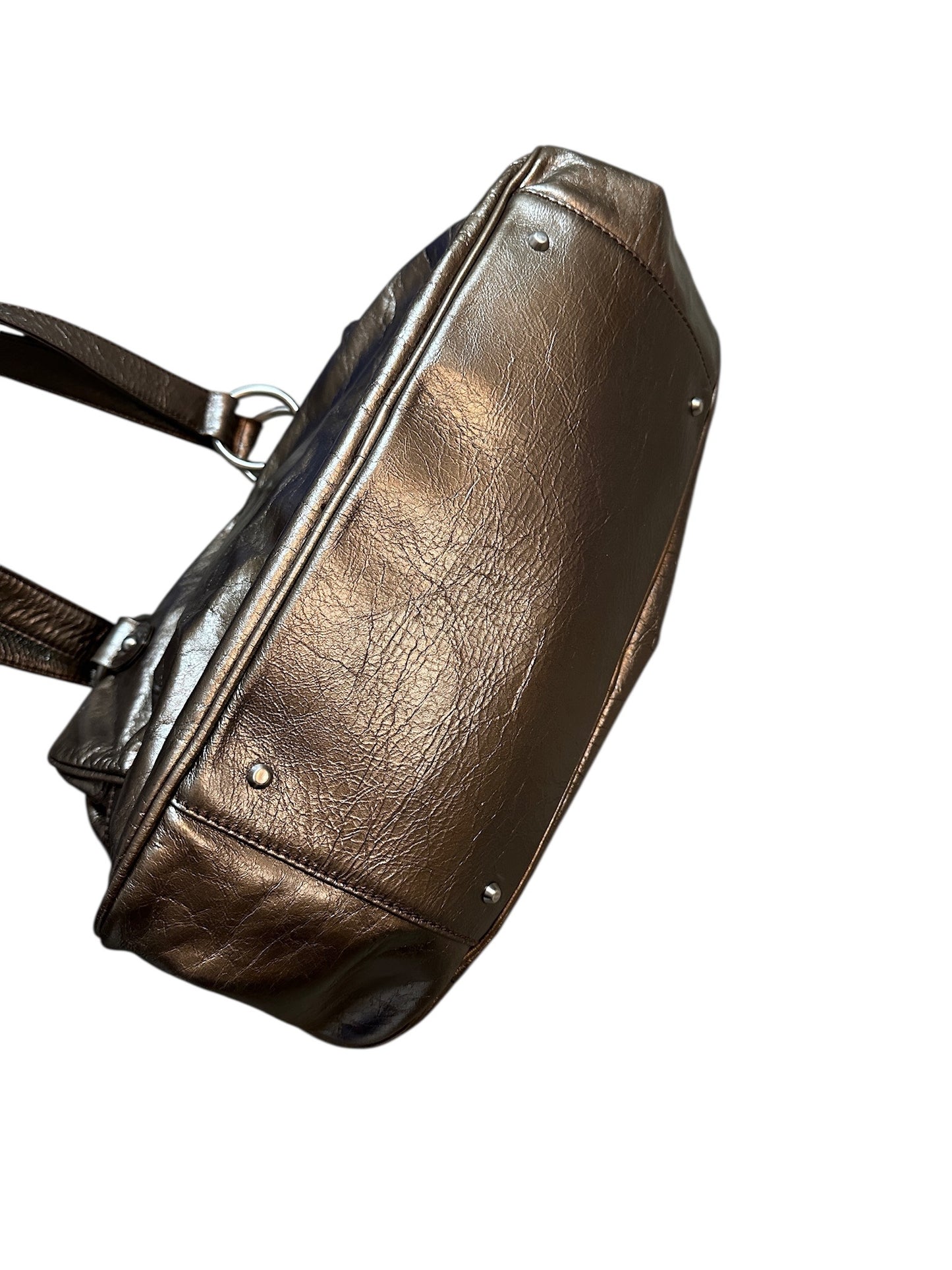 Vintage Japanese Metallic Leder Handtasche Schultertasche Braun Grau Glanz