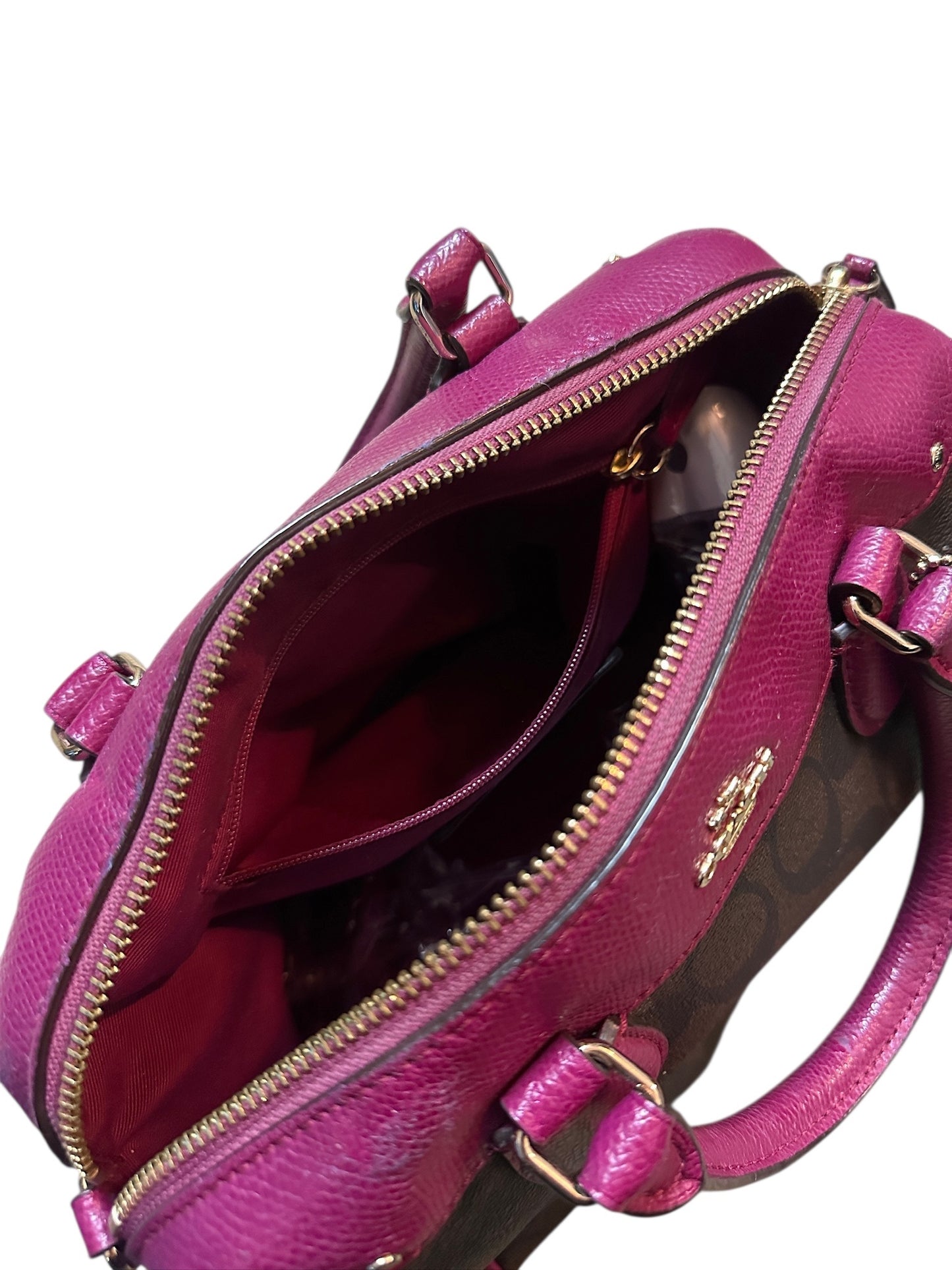 COACH Mini Bag Signature Satchel Fuchsia Pink Leather Trim Tasche