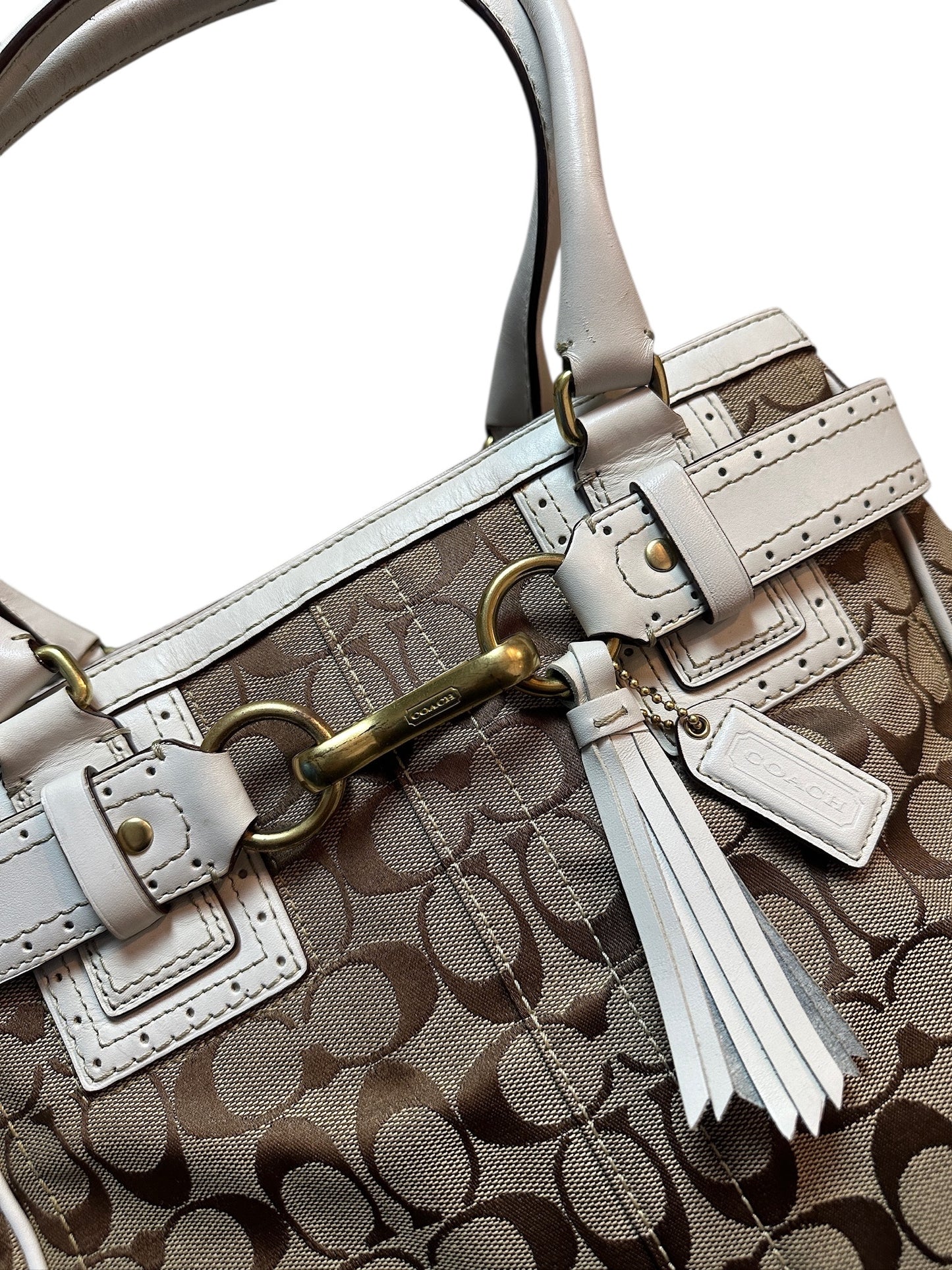 COACH Signature Canvas Tote Bag Weiß Leather Trim