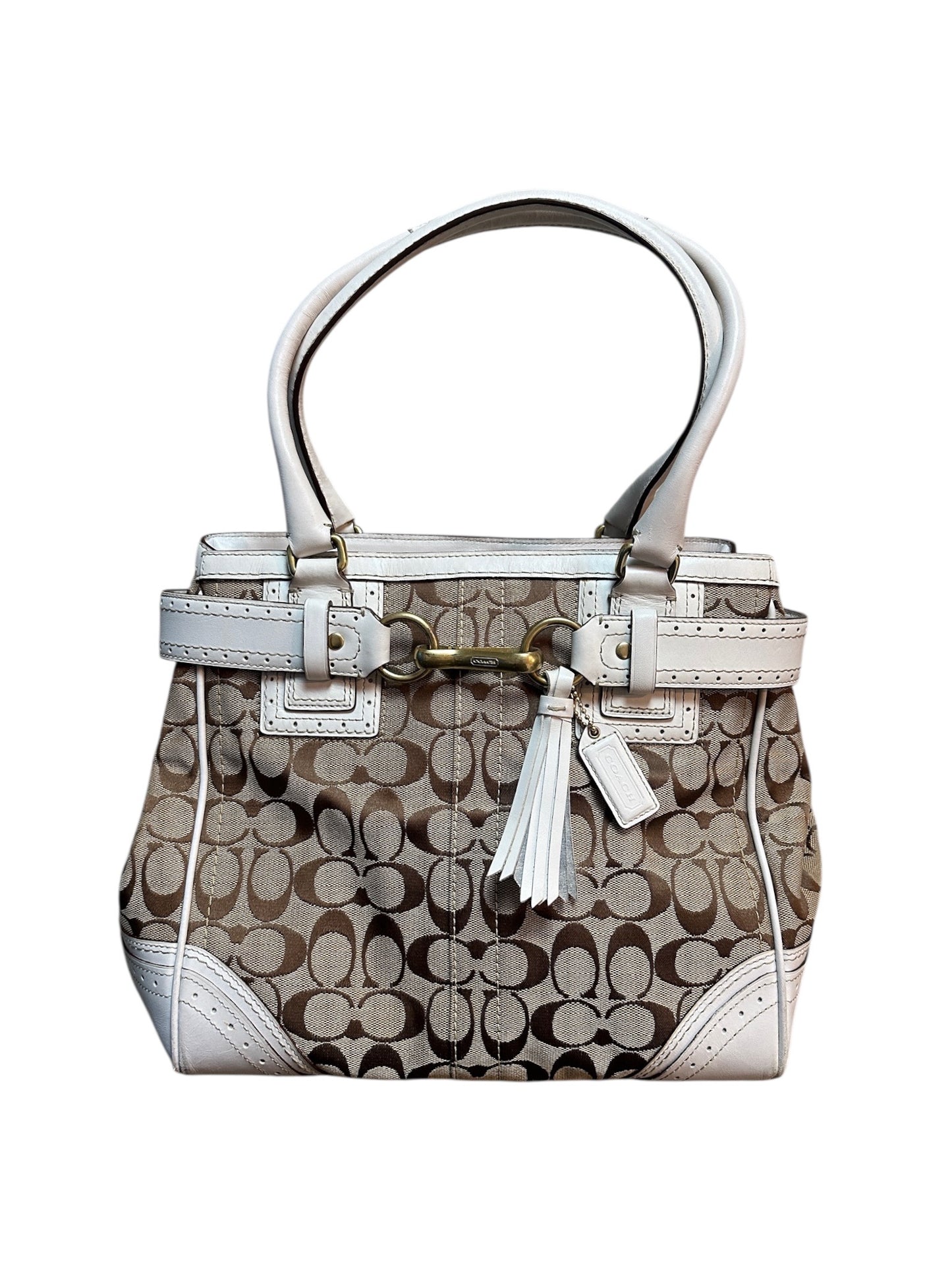 COACH Signature Canvas Tote Bag Weiß Leather Trim