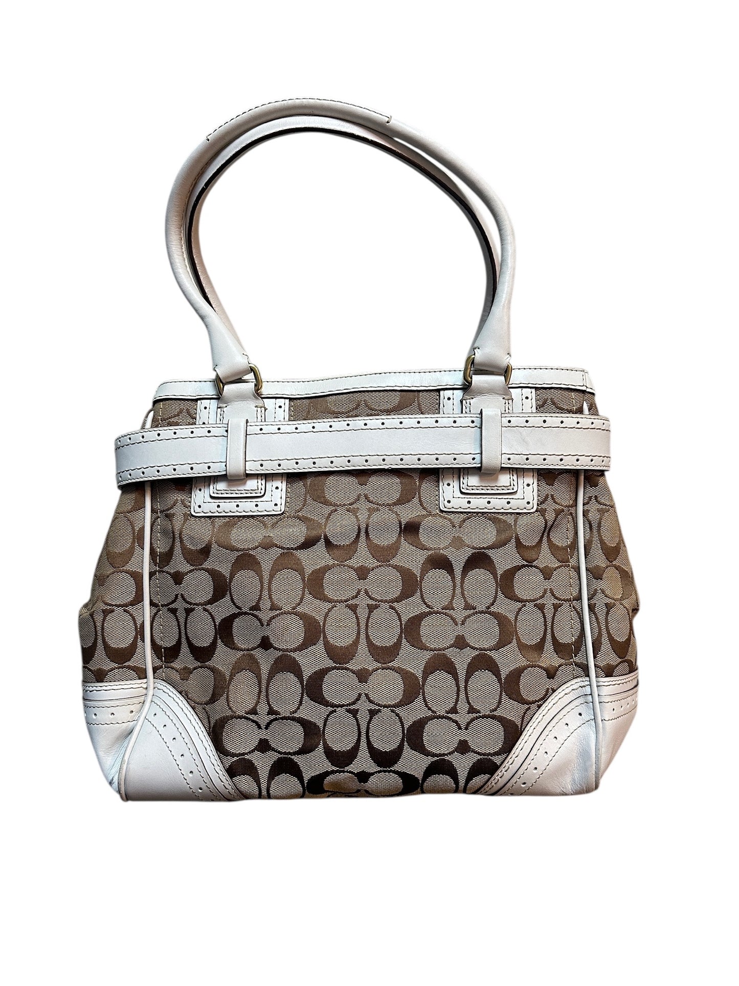 COACH Signature Canvas Tote Bag Weiß Leather Trim