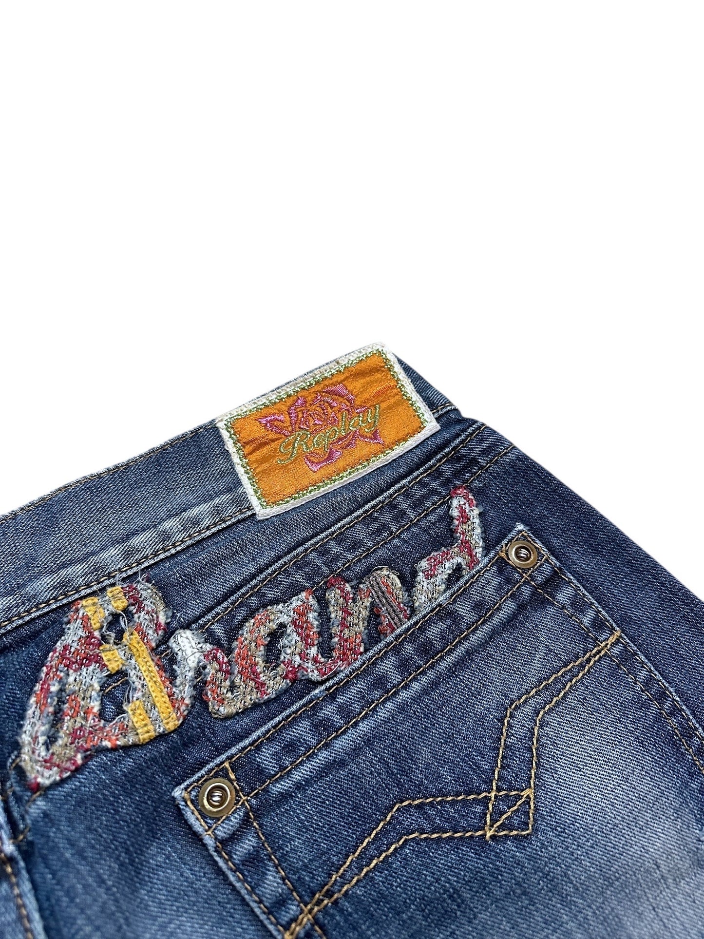 Replay Vintage Backprint Jeans Blau Denim Pants Leg Logo Print 29