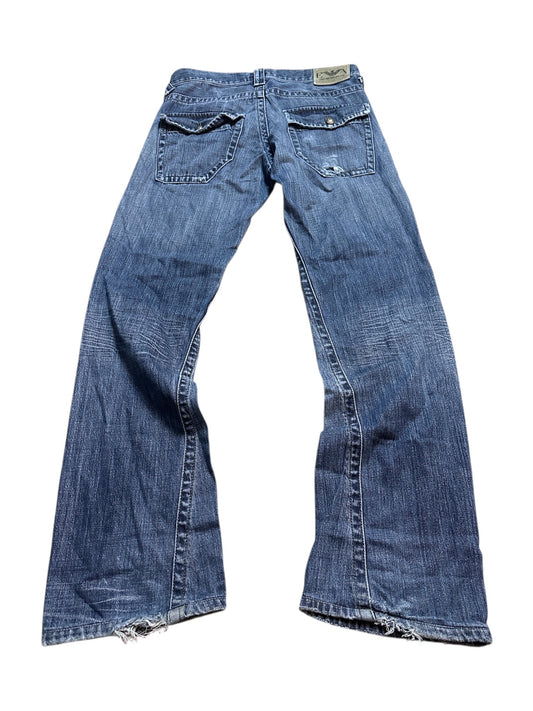 Armani Jeans Vintage Flared Denim Hose Pants Logo Patch Blau 28