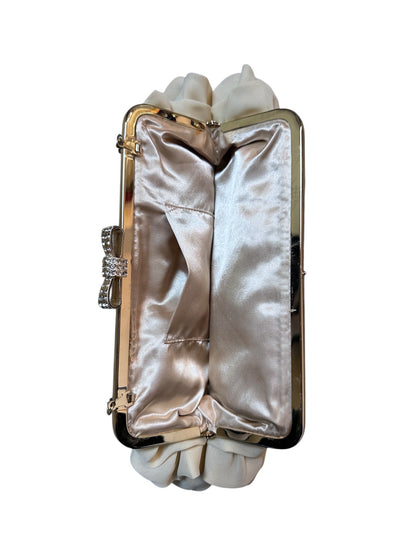 {{Elegante Abendtasche Clutch Creme Beige Evening Bag Chiffon Rüschen Glitzer Bow}} vintage fashion.