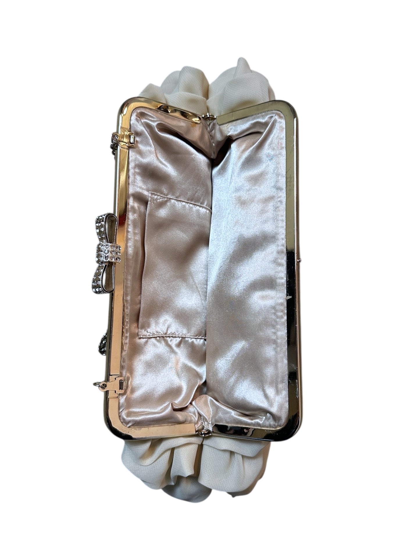 {{Elegante Abendtasche Clutch Creme Beige Evening Bag Chiffon Rüschen Glitzer Bow}} vintage fashion.