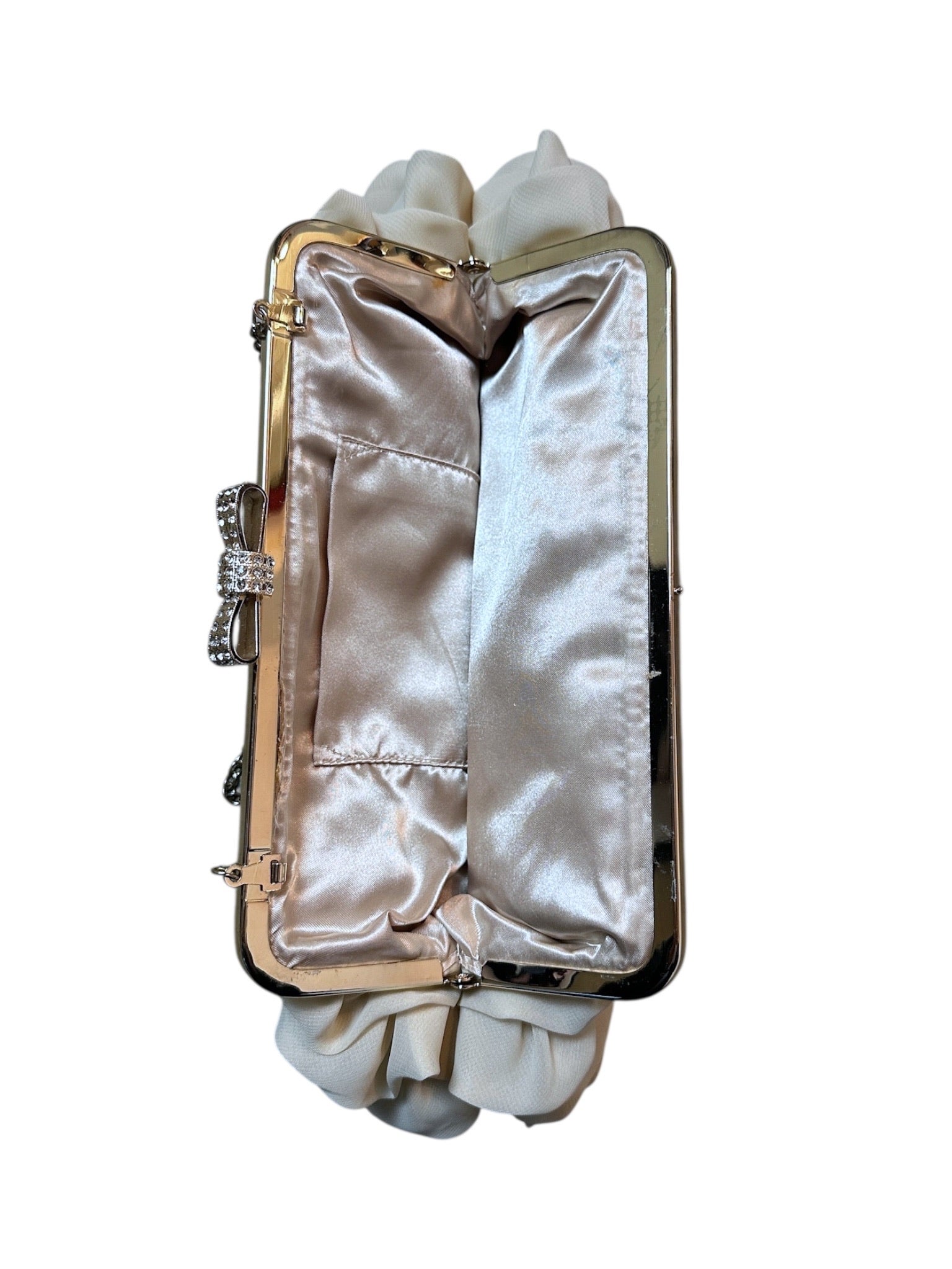 {{Elegante Abendtasche Clutch Creme Beige Evening Bag Chiffon Rüschen Glitzer Bow}} vintage fashion.