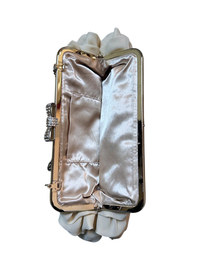 {{Elegante Abendtasche Clutch Creme Beige Evening Bag Chiffon Rüschen Glitzer Bow}} vintage fashion.