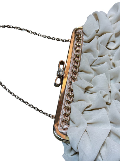 {{Elegante Abendtasche Clutch Creme Beige Evening Bag Chiffon Rüschen Glitzer Bow}} vintage fashion.