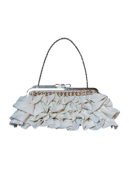 {{Elegante Abendtasche Clutch Creme Beige Evening Bag Chiffon Rüschen Glitzer Bow}} vintage fashion.