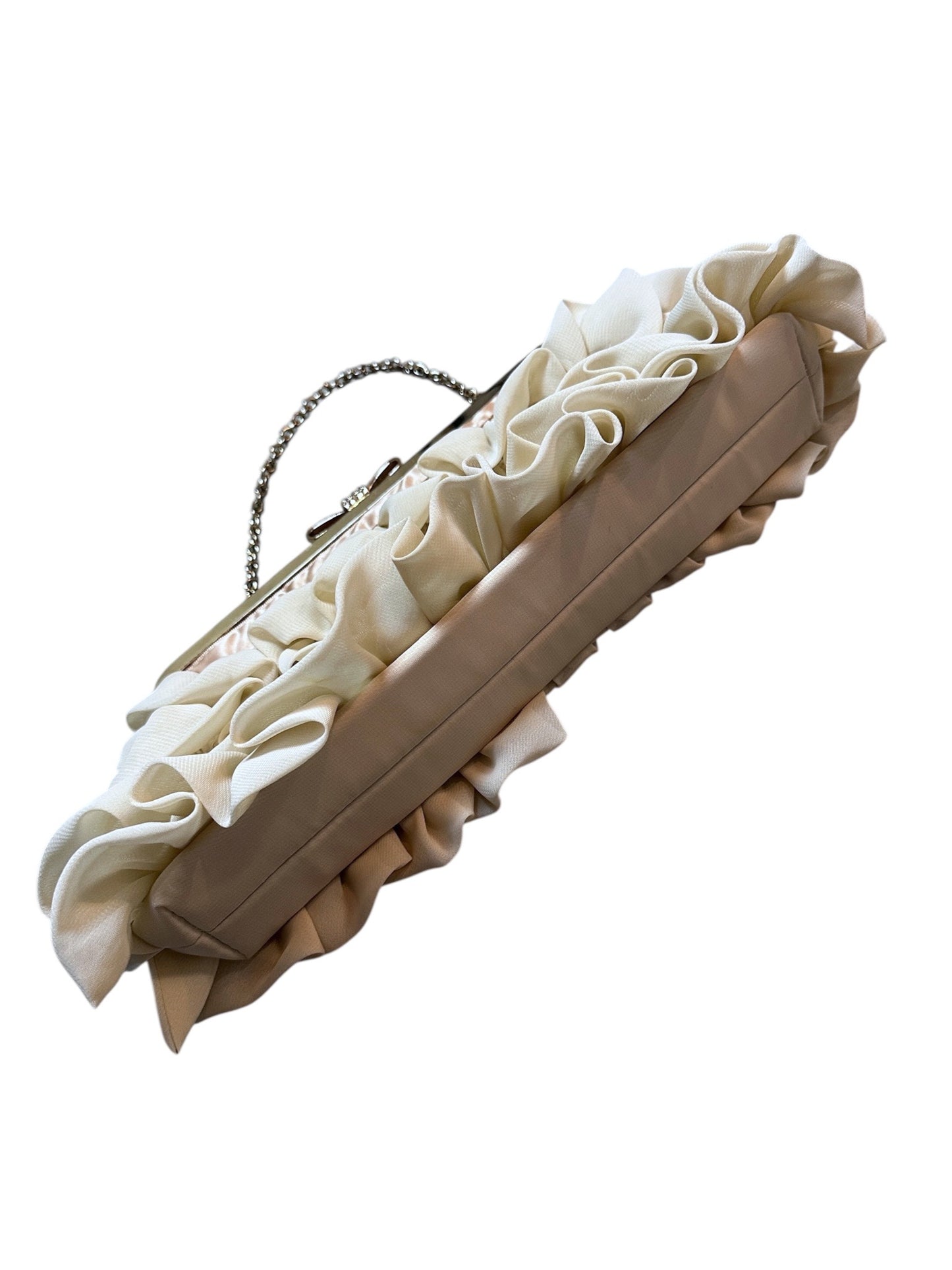 {{Elegante Abendtasche Clutch Creme Beige Evening Bag Chiffon Rüschen Glitzer Bow}} vintage fashion.