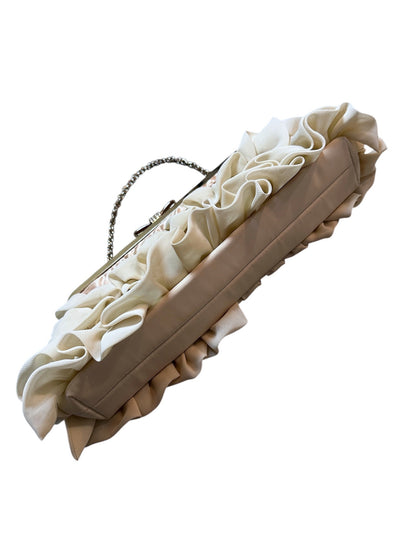 {{Elegante Abendtasche Clutch Creme Beige Evening Bag Chiffon Rüschen Glitzer Bow}} vintage fashion.