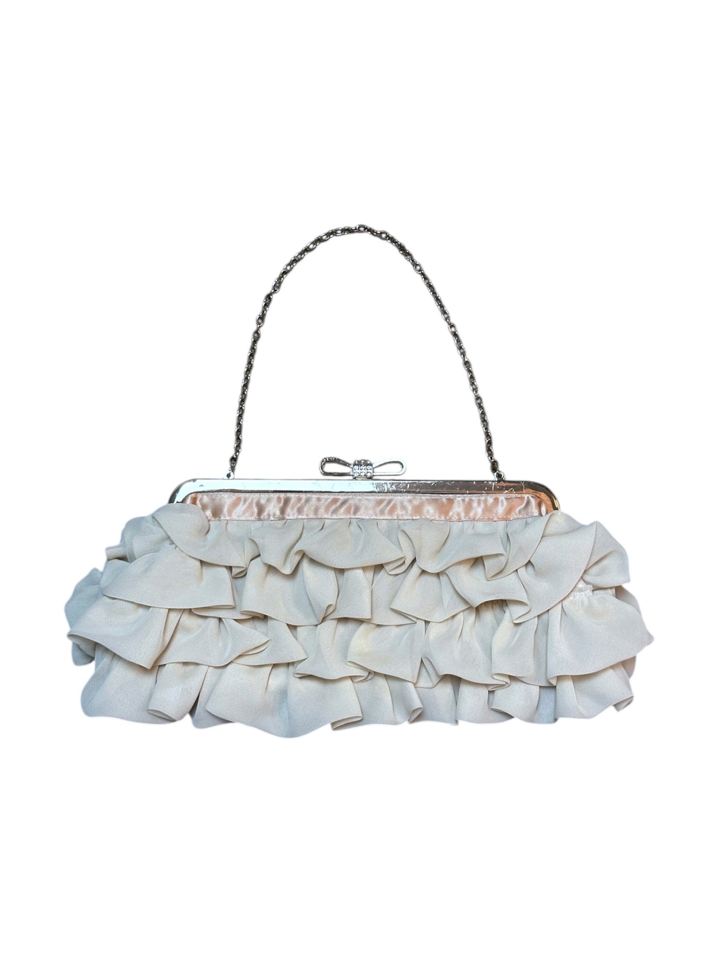 {{Elegante Abendtasche Clutch Creme Beige Evening Bag Chiffon Rüschen Glitzer Bow}} vintage fashion.