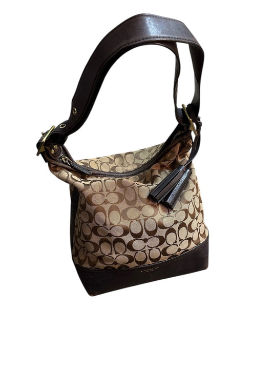 Coach Signature Canvas Schultertasche Beige Braun Leder Gold Hardware 2000s - VINTAGEM4FIA
